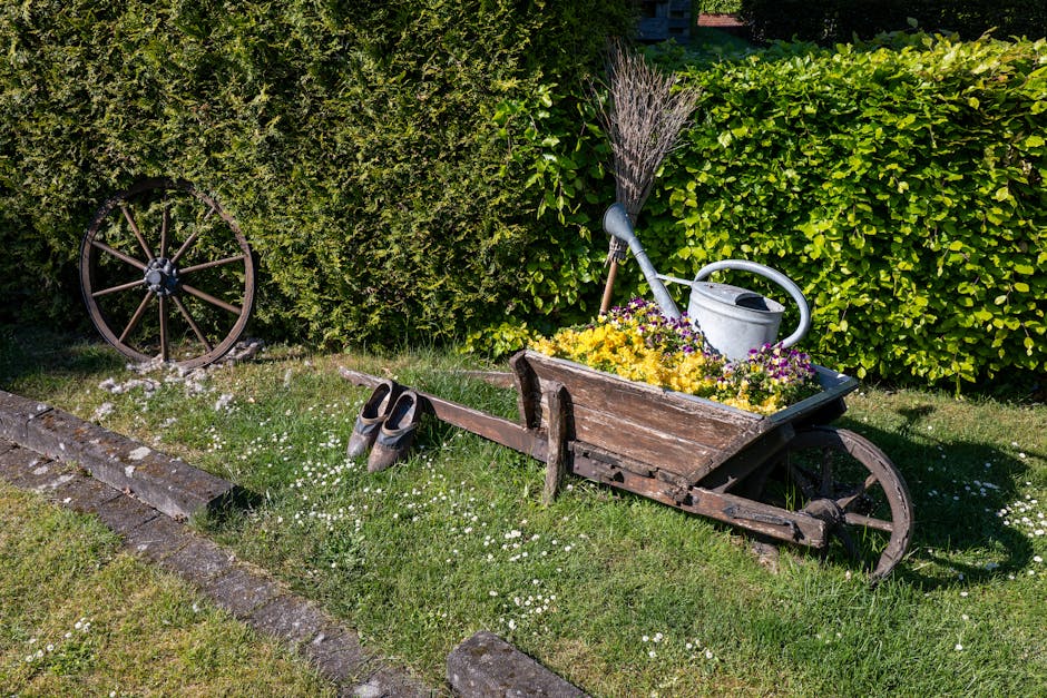 Charming garden setting features a vintage wheelbarrow filled with vibrant flowers, evoking a rustic countryside feel.
